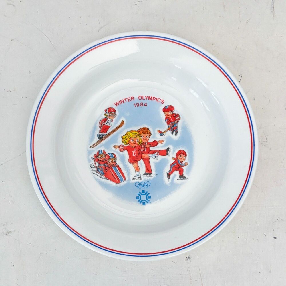 VTG 80s Corelle Campbells 1984 Winter Olympics Flat Rim Salad Soup Bowl